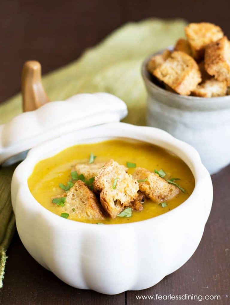 Roasted Acorn Squash Soup with Pumpkin Spice Croutons