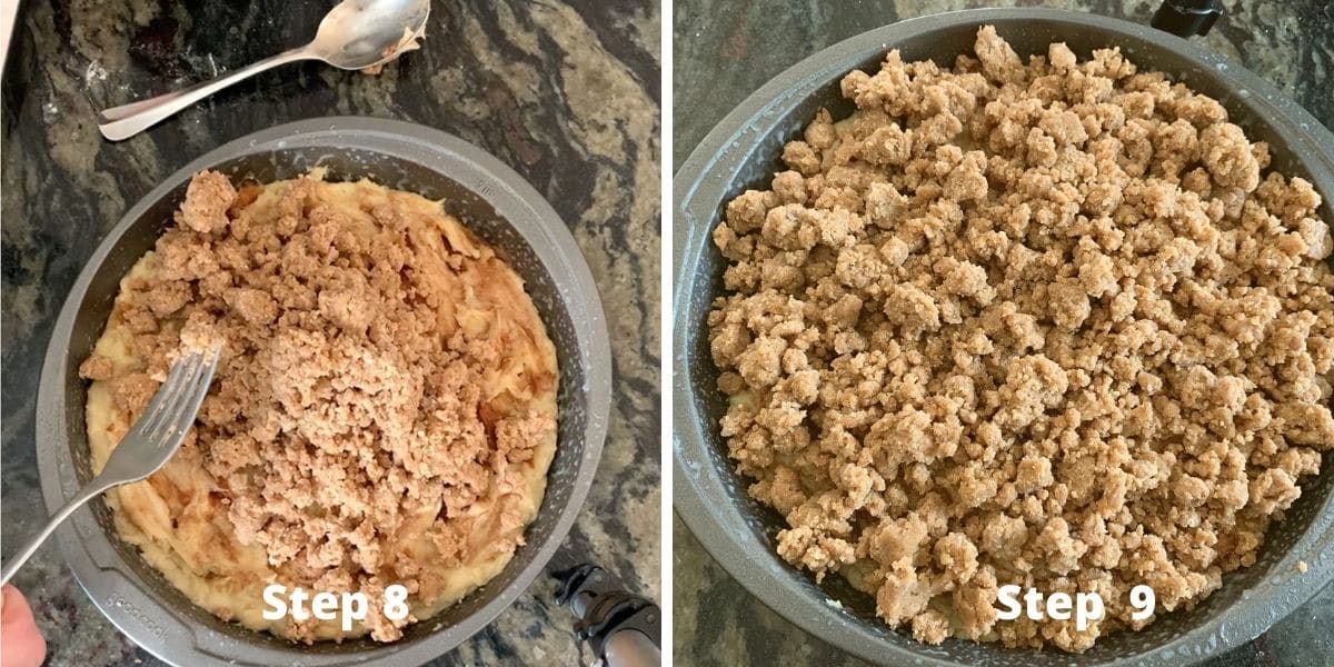 Showing adding the crumble topping and using a fork to break up the large clumps.