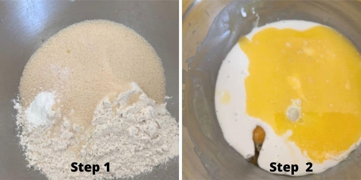 Coffee cake photos with the dry ingredients in a bowl and the wet ingredients in a bowl.