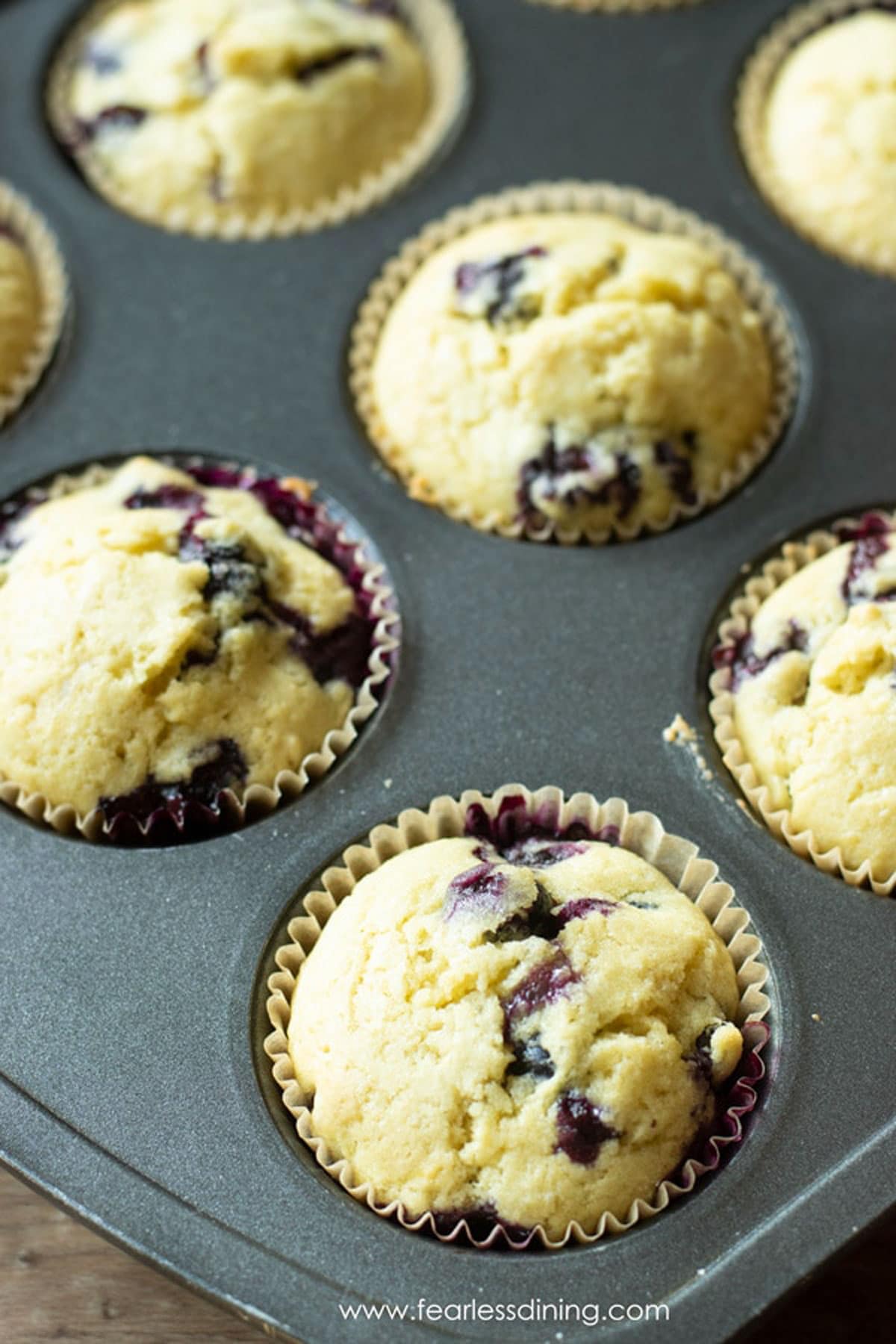 A muffin tin filled with baked gluten free blueberry muffins.
