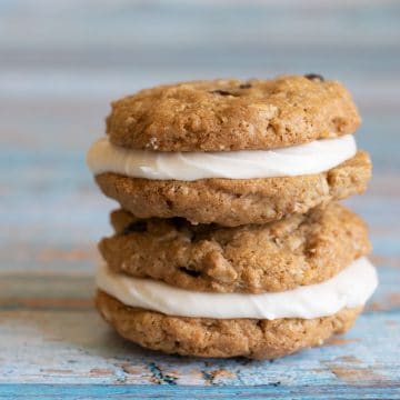 Two gluten free oatmeal cream pies stacked.