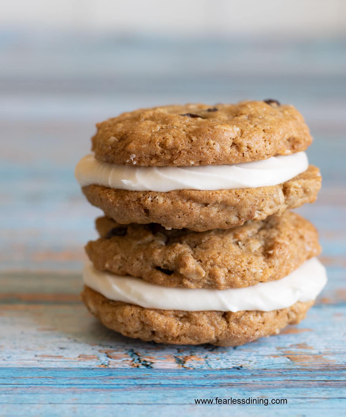 Two gluten free oatmeal cream pies stacked.