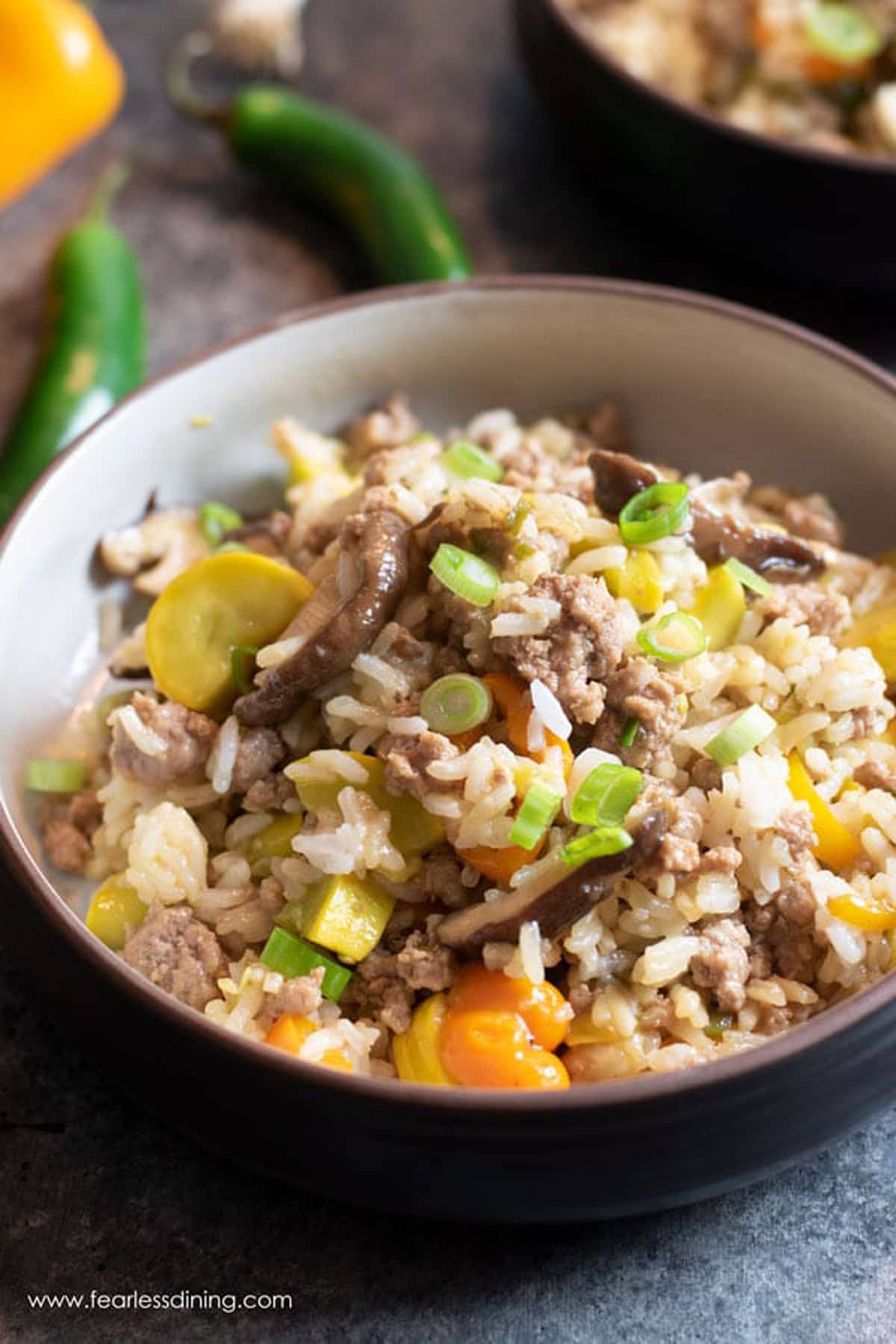 A bowl of ground pork fried rice.