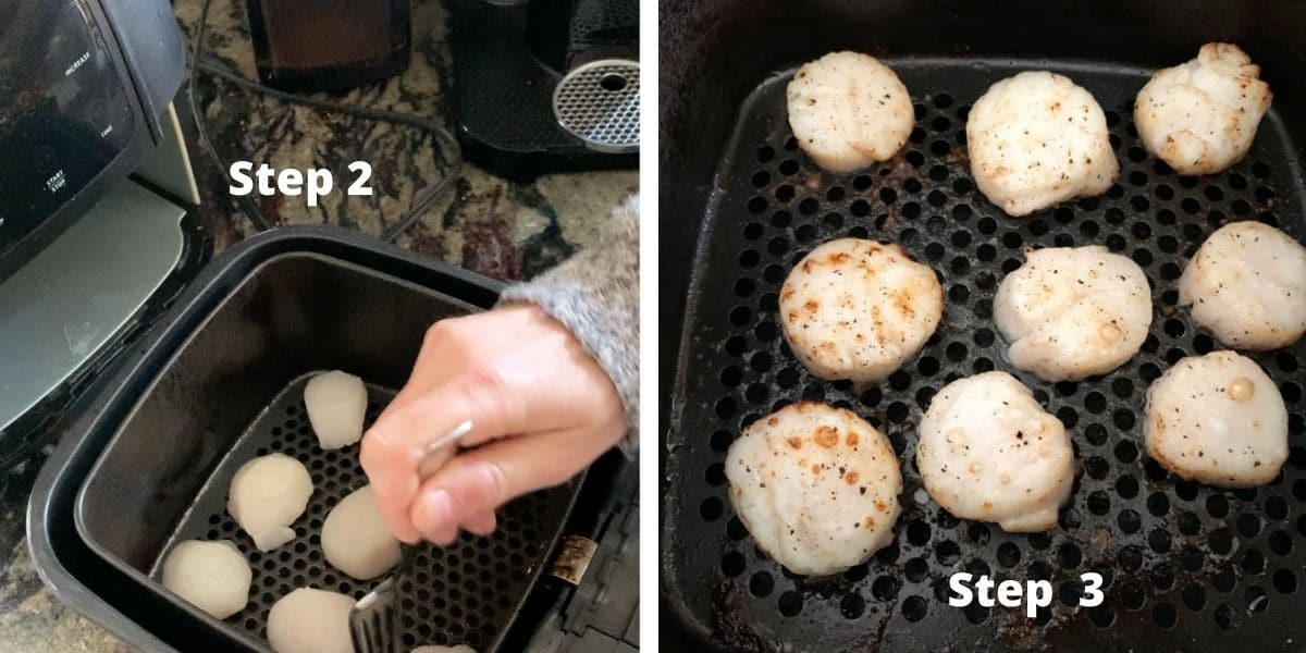 Cooking scallops in the air fryer photos of steps 2 and 3.