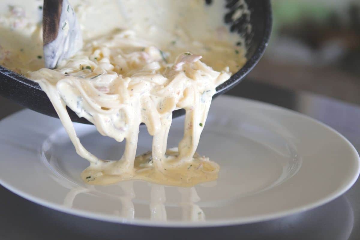 Pouring gf spaghetti in alfredo sauce onto a white plate.