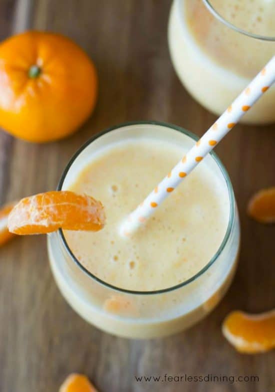 The top view of two vegan creamsicle smoothies.