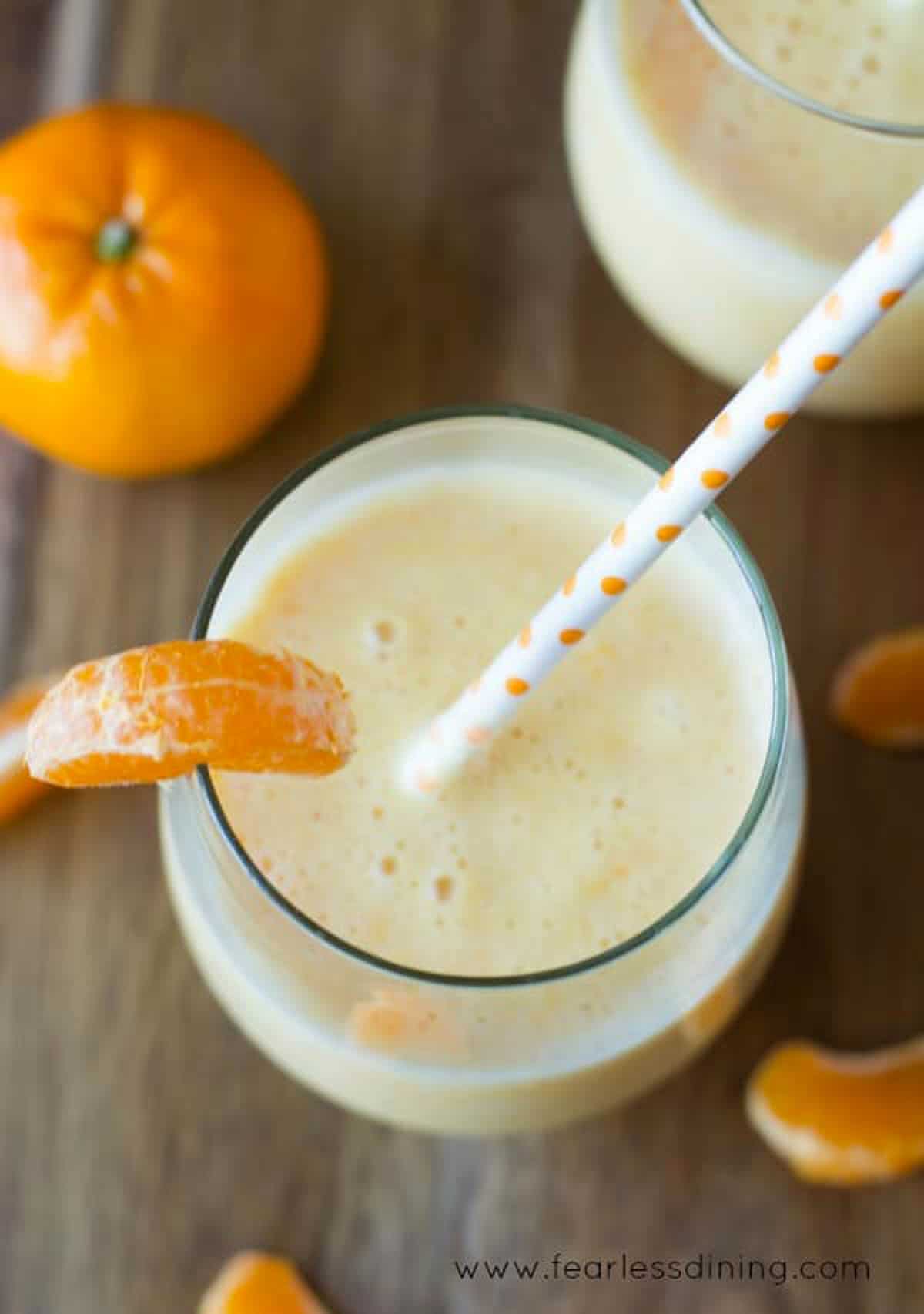 The top view of two creamsicle smoothies.