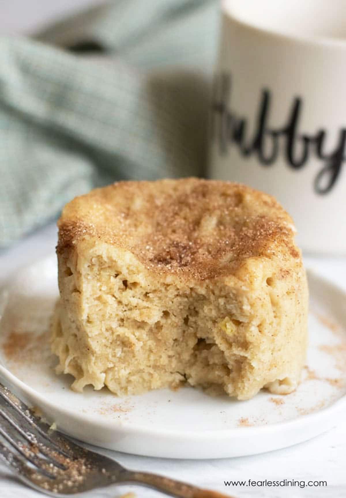 A snickerdoodle mug cake on a plate.