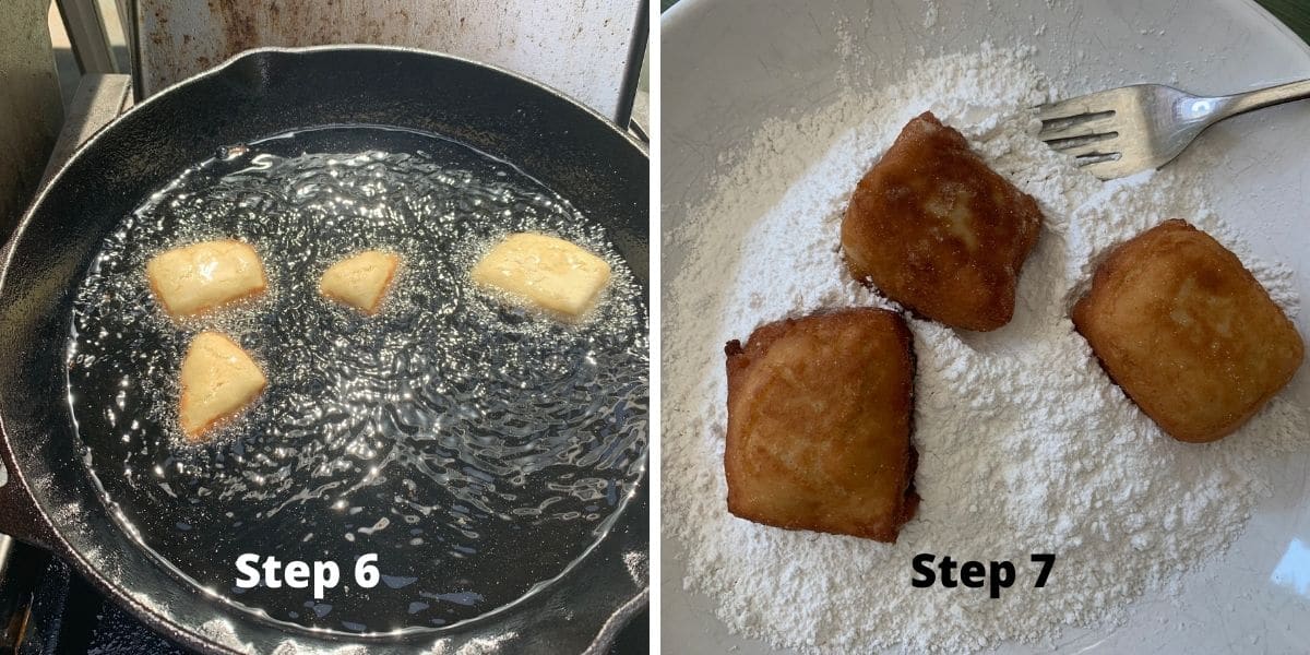 Photos of steps 6 and 7 making beignets.