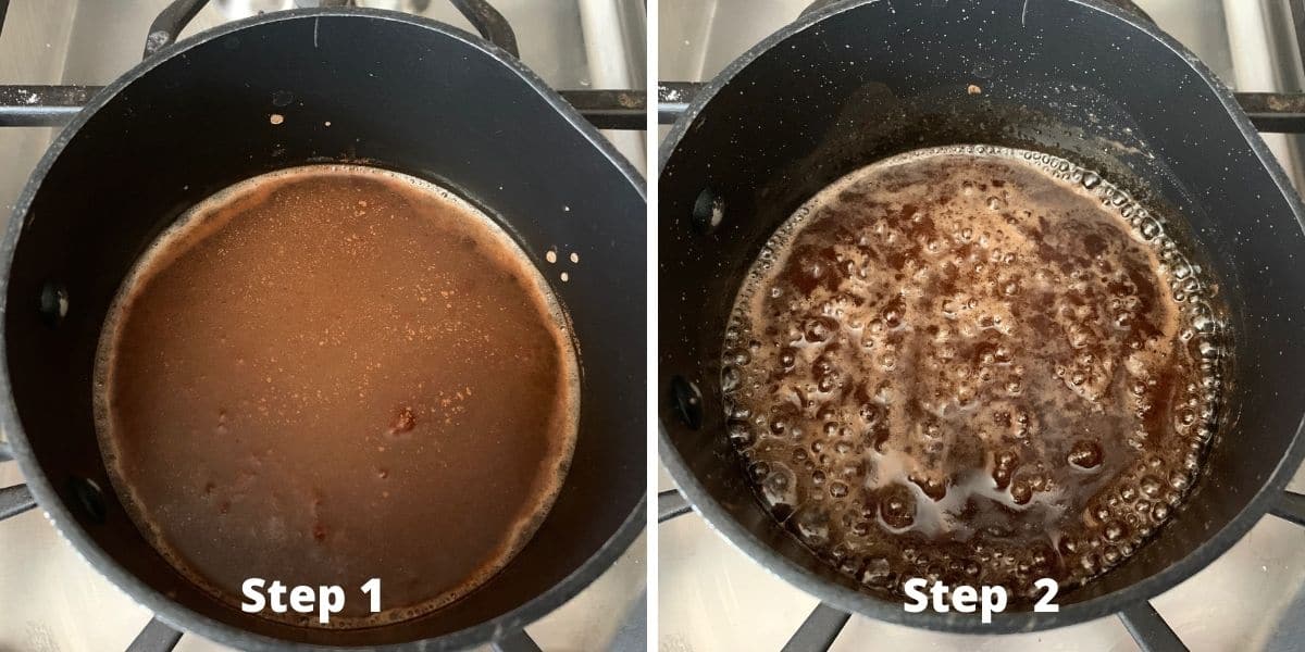 Photos of step 1 and 2 making candied walnuts.