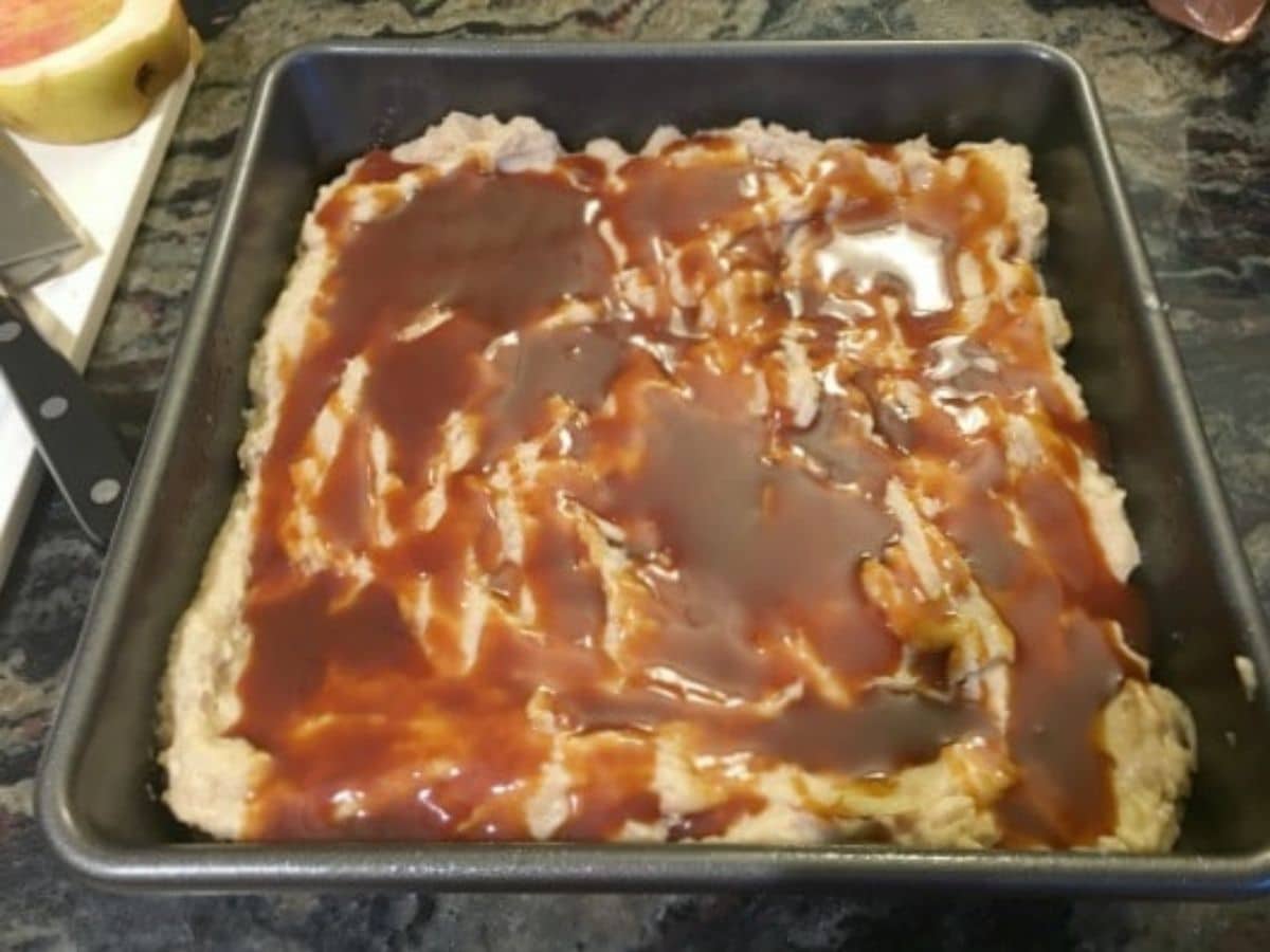 A caramel apple cake ready to bake.