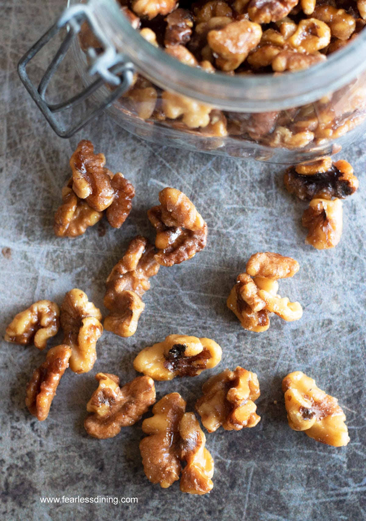 A close up of the cinnamon sugar walnuts.