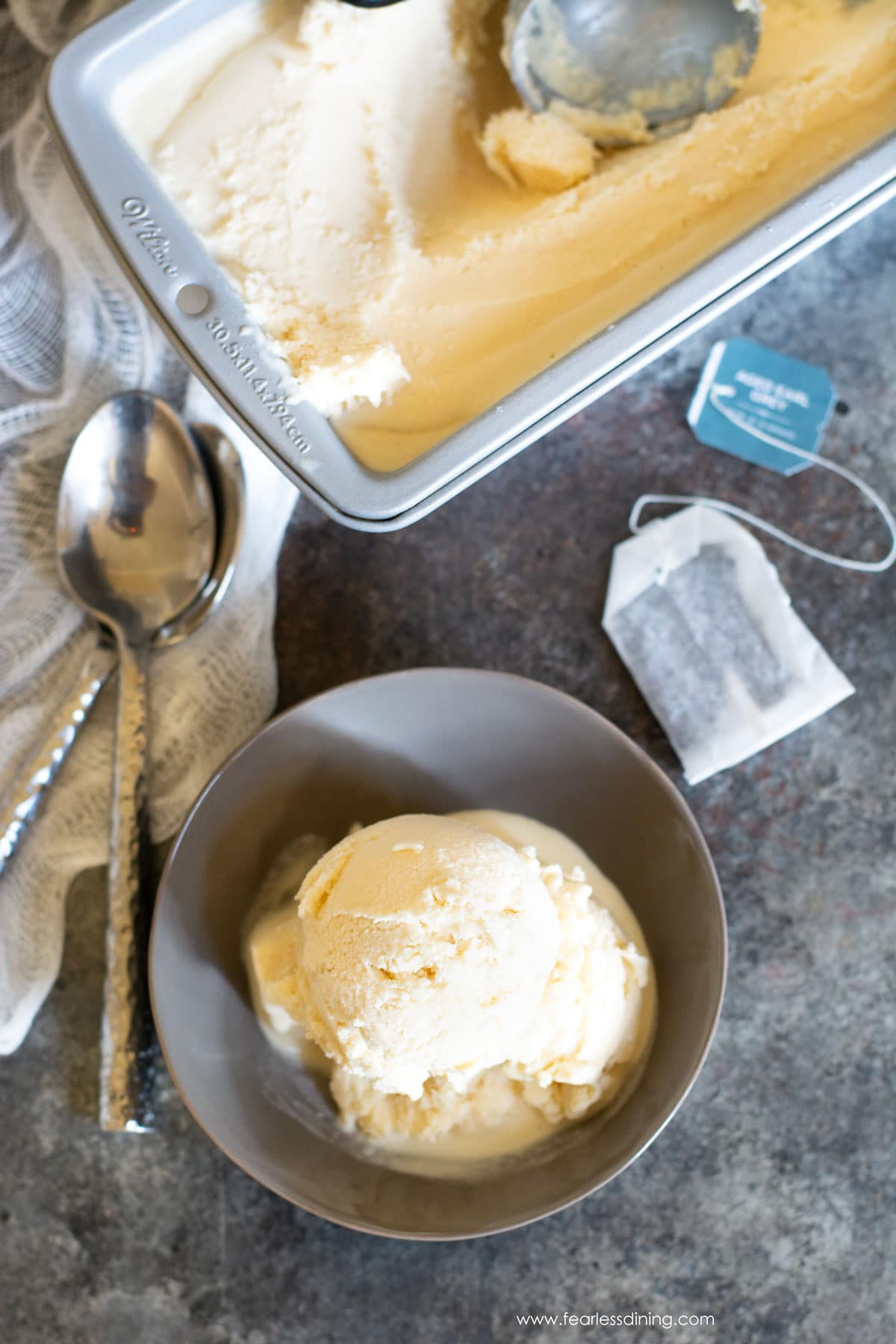 The top view of the bowl of earl grey ice cream.