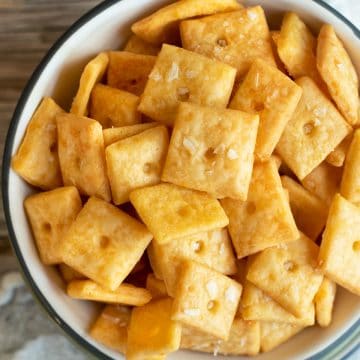 The top view of a big bowl of gluten free cheez its.