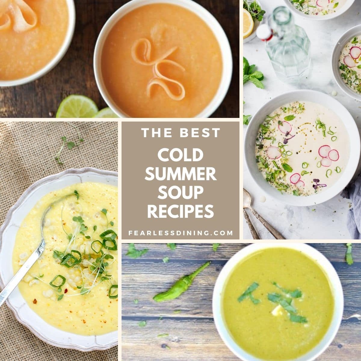 A photo collage of cold soups in bowls.