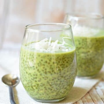 two wine glasses filled with matcha chia pudding