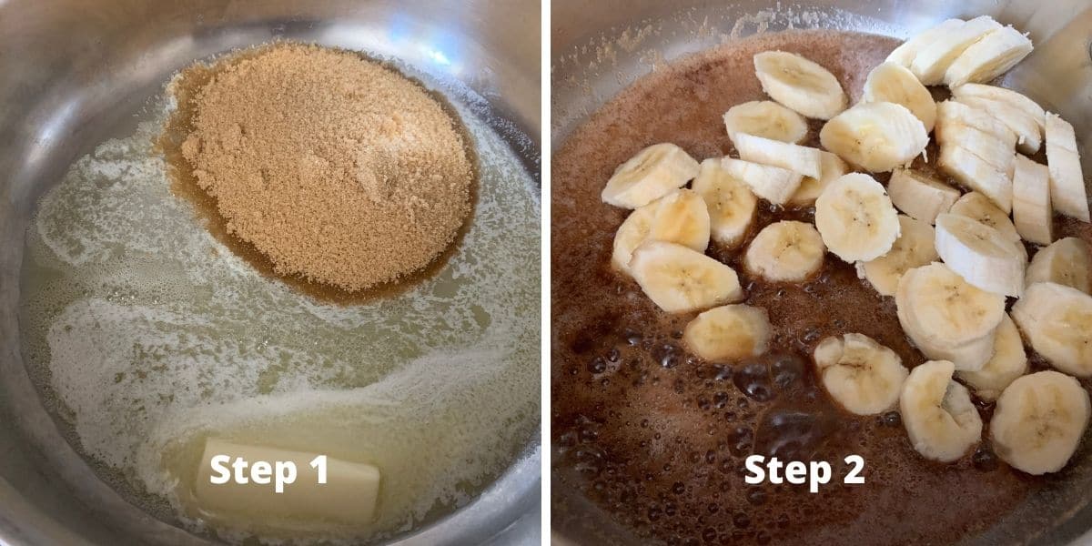 Photos of steps 1 and 2 of banana flambe sundaes.