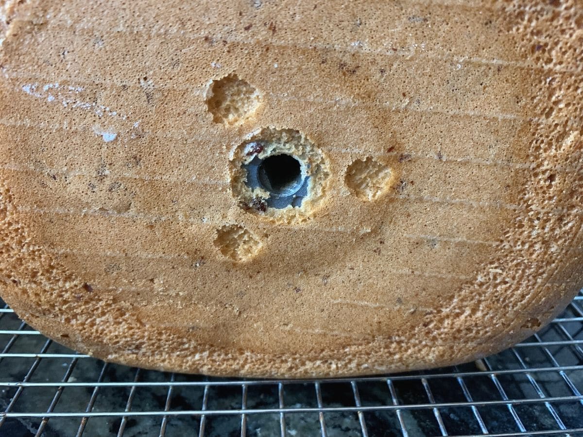 The bottom of the loaf with the bread machine paddle.