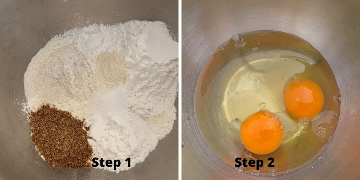 Bread machine bread photos of steps 1 and 2 mixing the dry and wet ingredients.