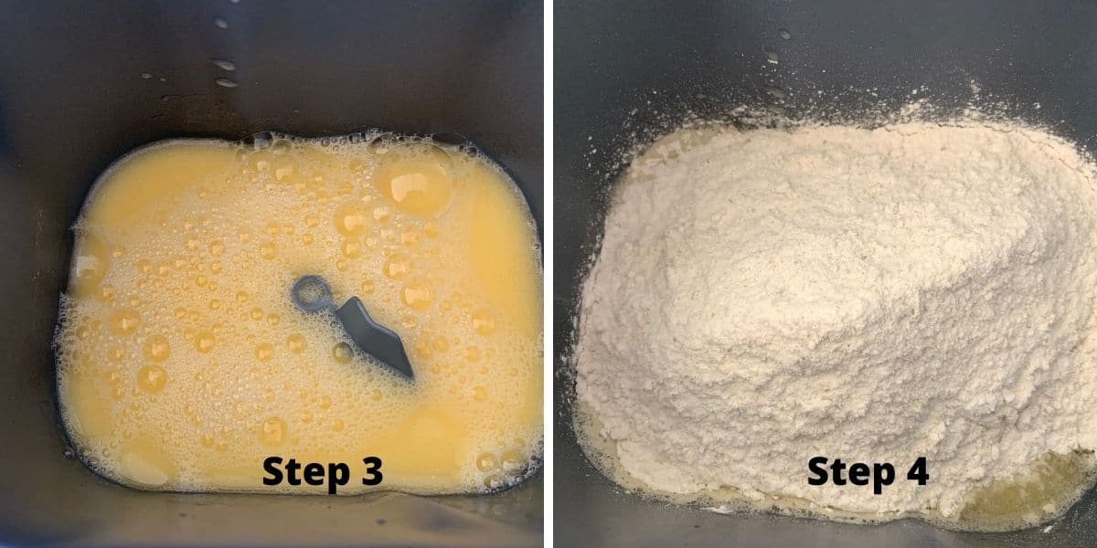 Bread machine bread photos steps adding the liquid and dry ingredients to the bread machine.