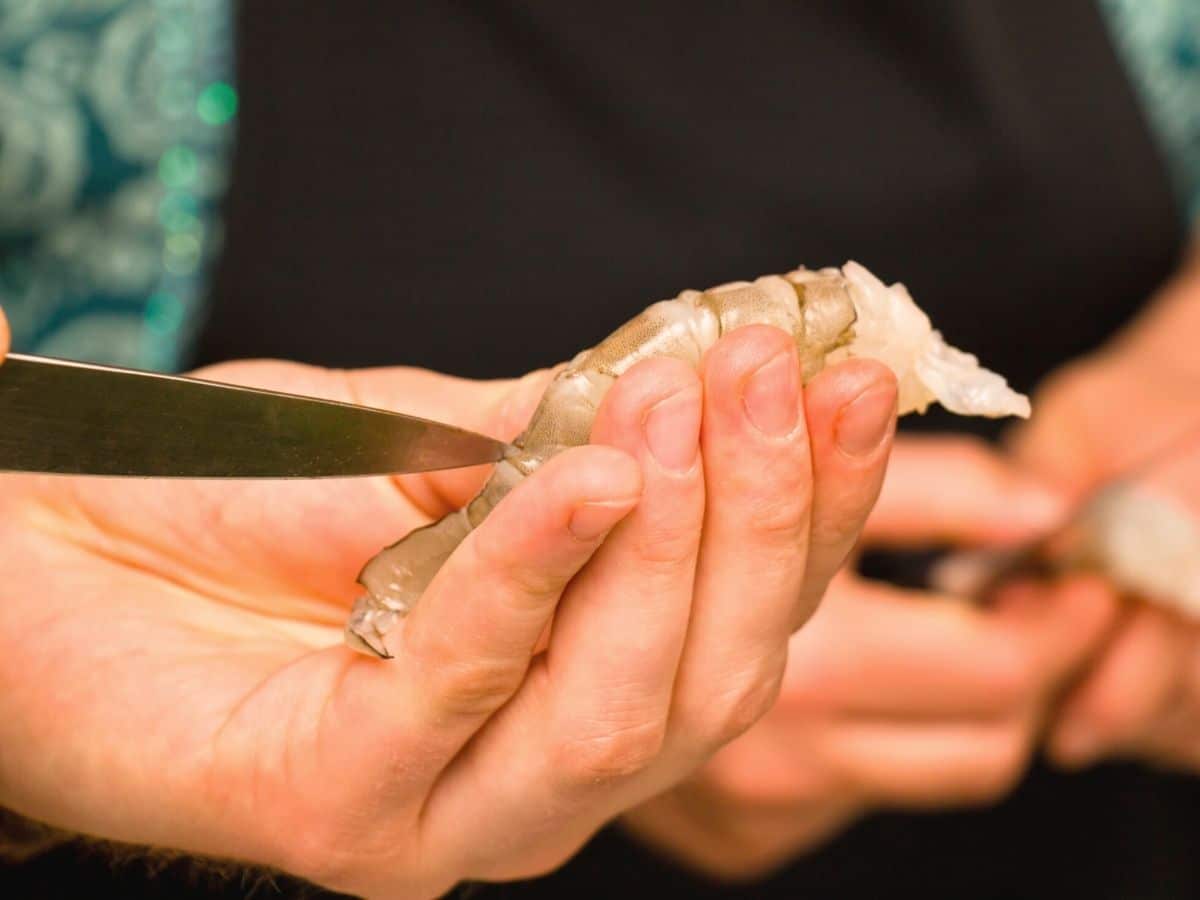 Deveining a shrimp with a knife.