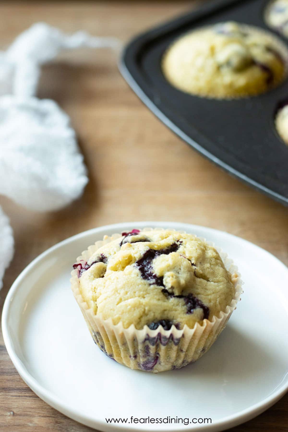 A blueberry muffin on a small white plate.