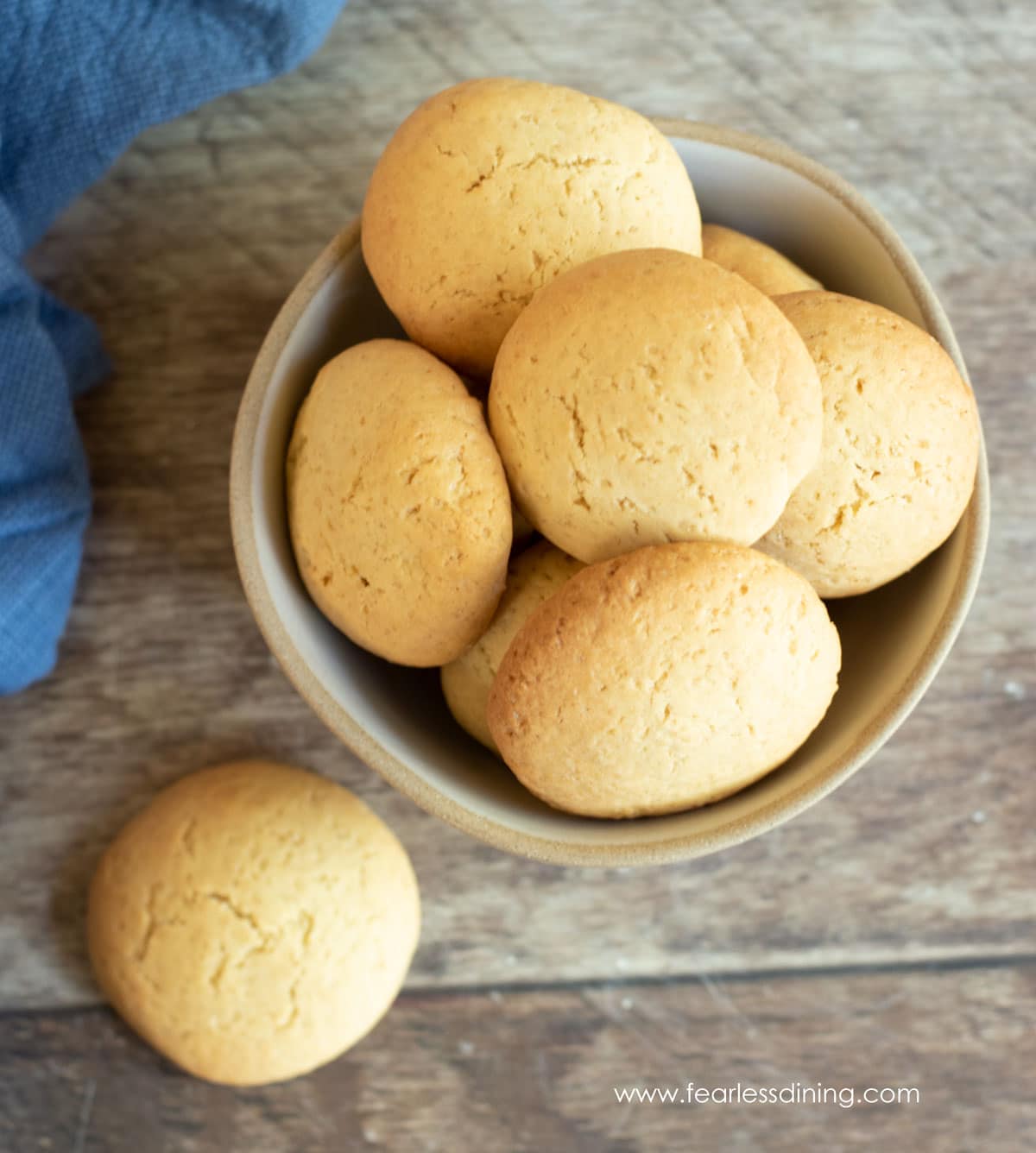 The top view of a bowl of gluten free vanilla wafer cookies.