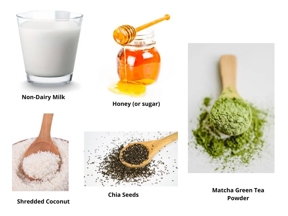 Photos of the matcha chia pudding ingredients.