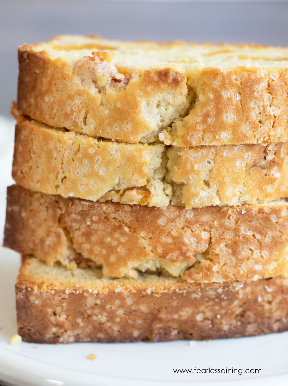 Slices of peach cake in a stack.