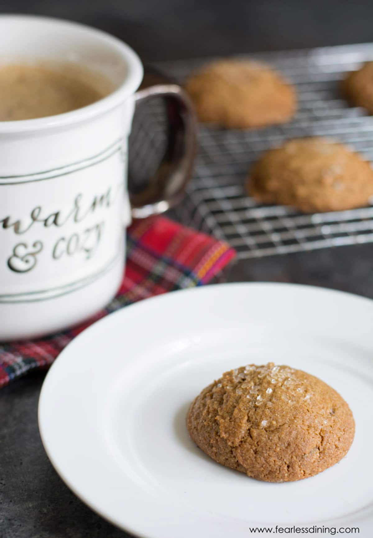 A ginger cookie on a plate next to a mug of coffee.