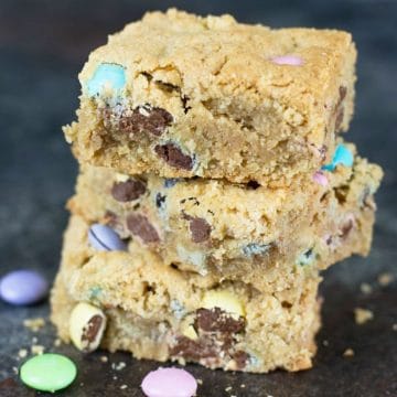 A stack of three peanut butter cookie bars.