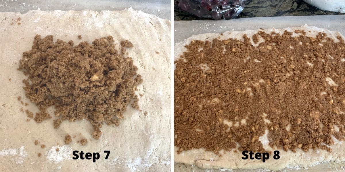 Photos of steps 7 and 8 making cinnamon rolls.