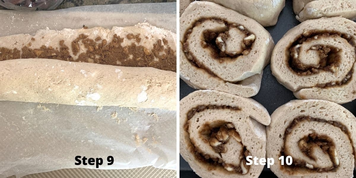 Photos of steps 9 and 10 making cinnamon rolls.