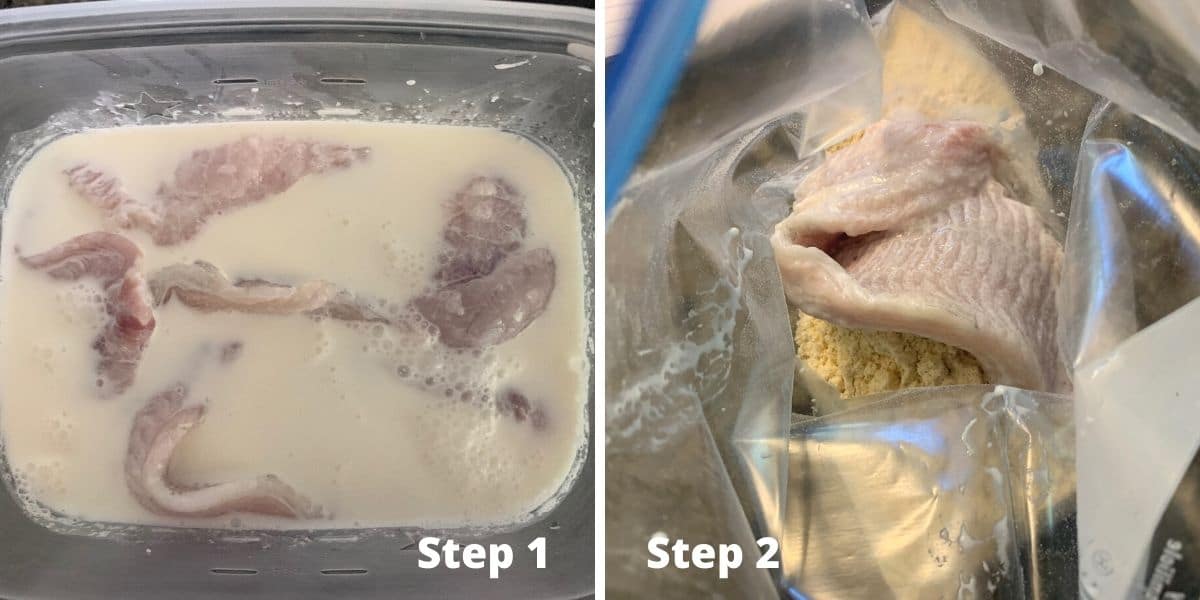 Photos of the catfish prep in steps 1 and 2.