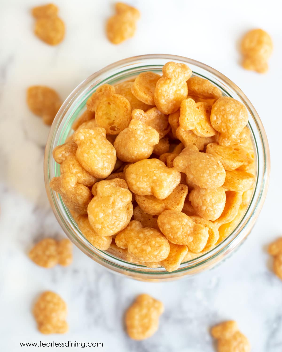 The top of a jar filled with gluten free goldfish crackers.
