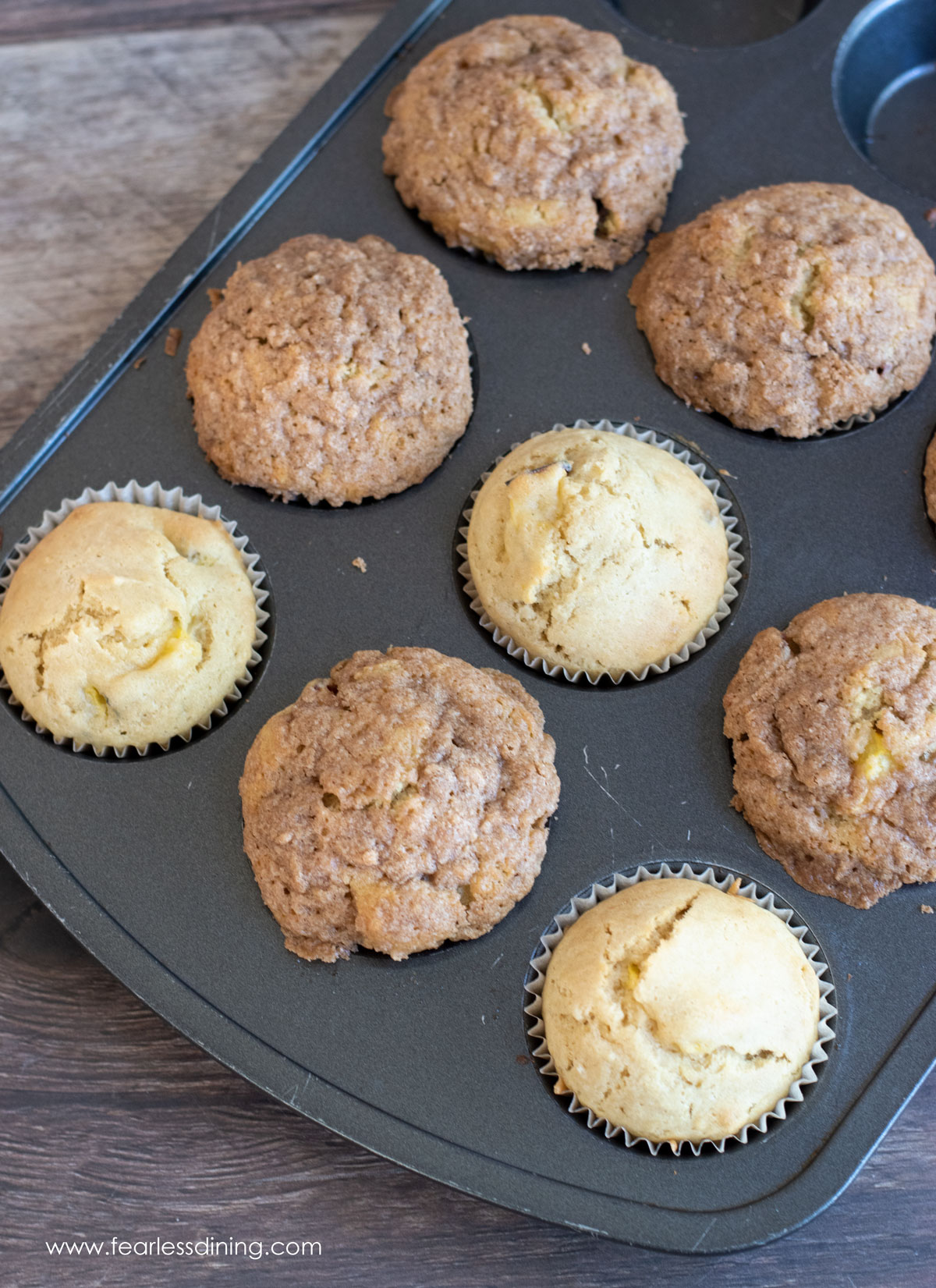 Photos of the baked peach muffins in a muffin tin.