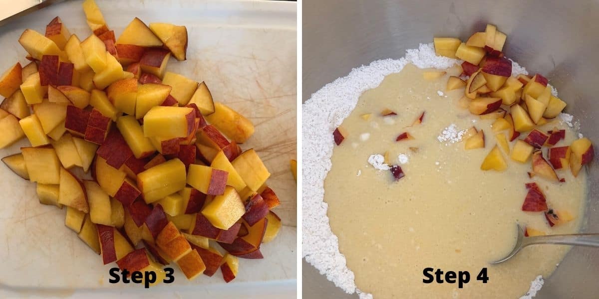 Photos of steps 3 and 4 in making peach muffins.