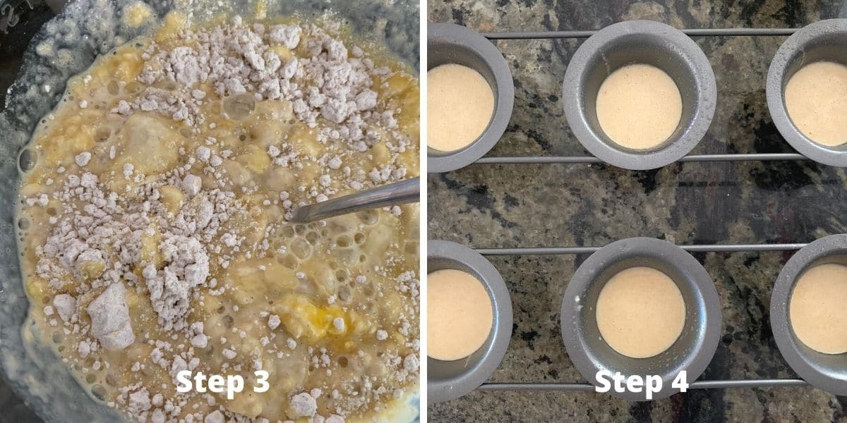 Photos of mixing the ingredients and the batter in the popover pan.