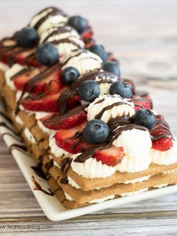 a red white and blue icebox cake on a platter.