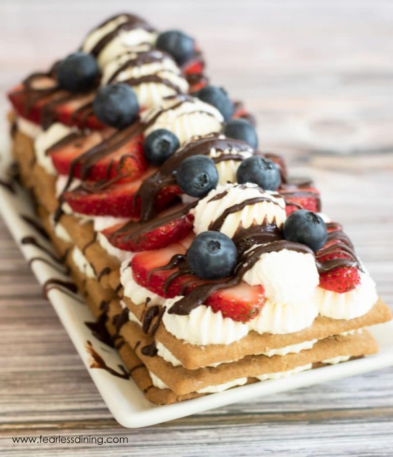 A red white and blue icebox cake on a platter.