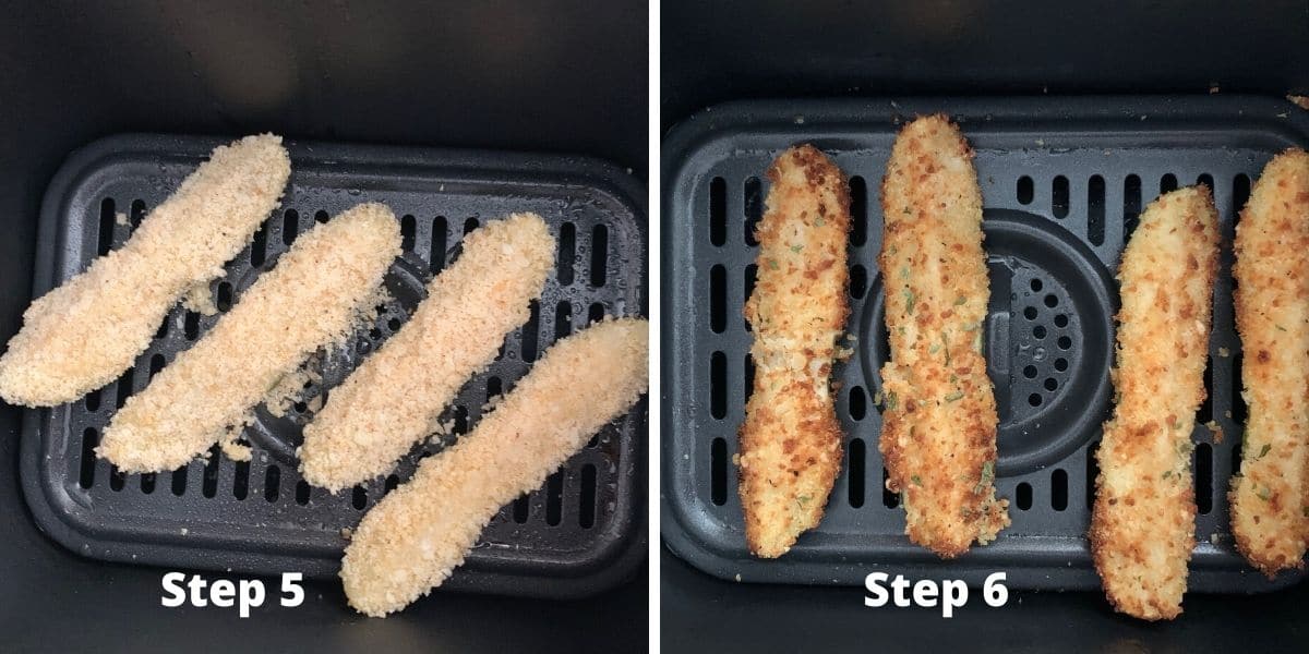 Photos of steps 5 and 6 making fried pickles.