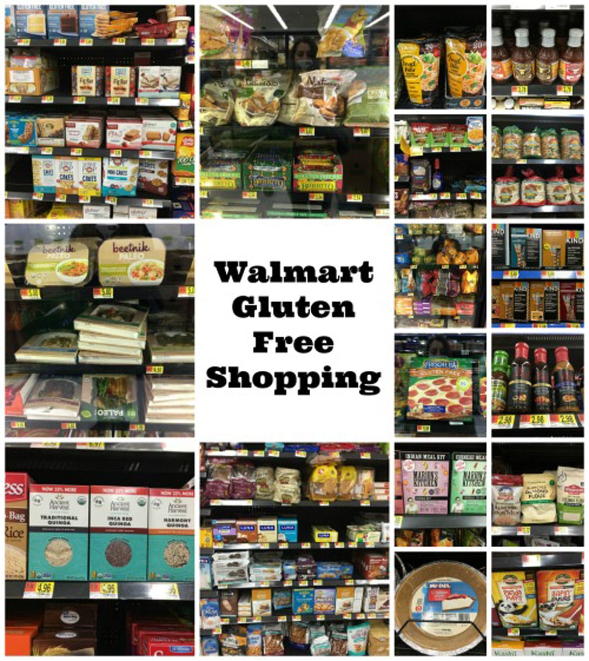 A collage of photos of groceries on the shelf at Walmart.