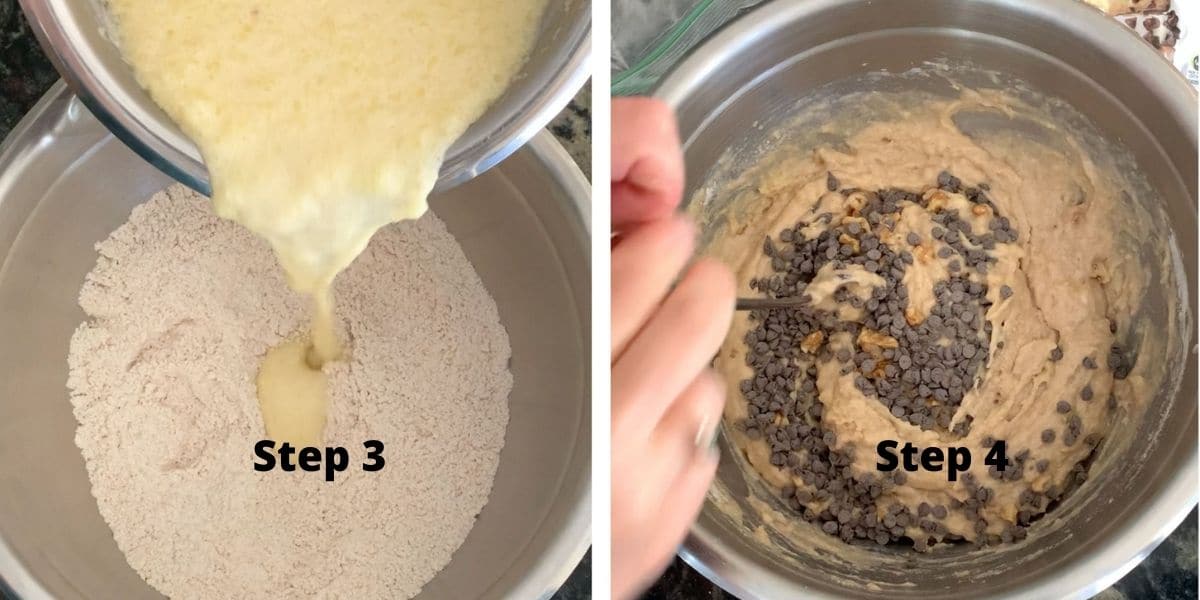 Photos of steps 3 and 4 making banana cupcakes.