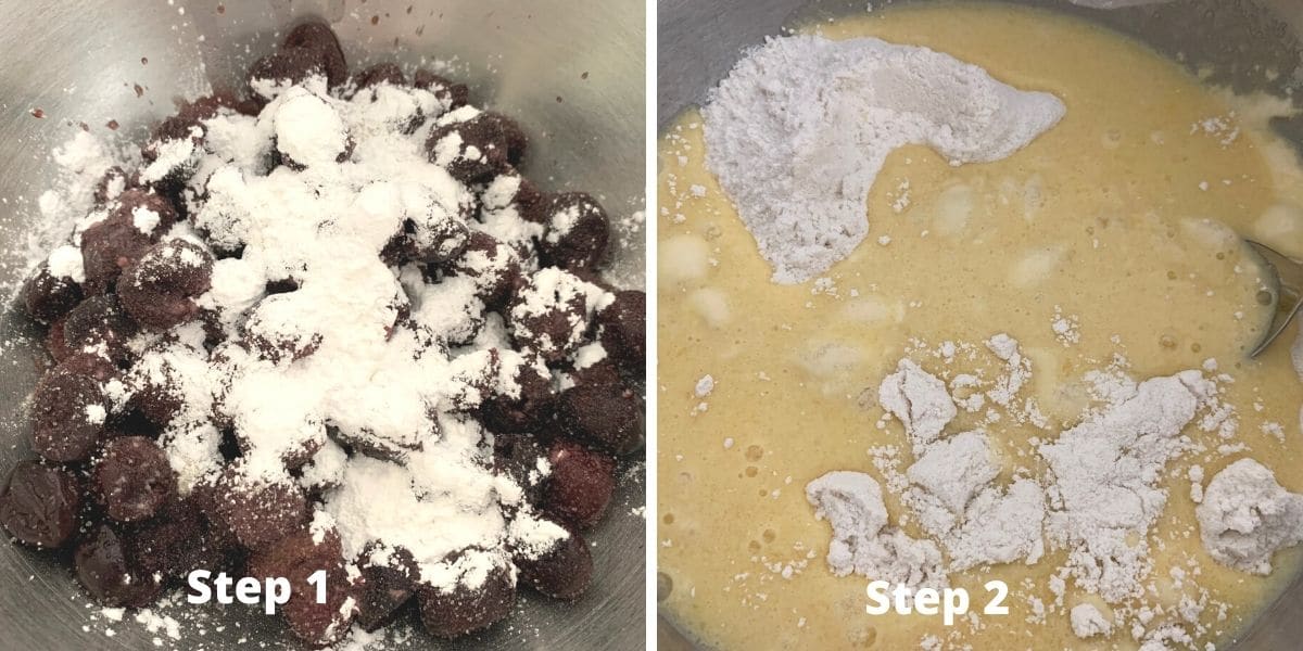 The cake mix cobbler steps 1 and 2 images.