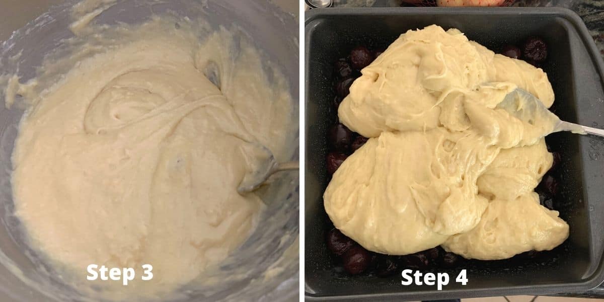 Photos of steps 3 and 4 for the cake mix cobbler.