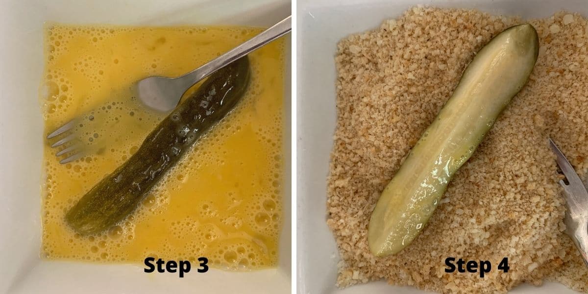Photos of steps 3 and 4 making fried pickles.