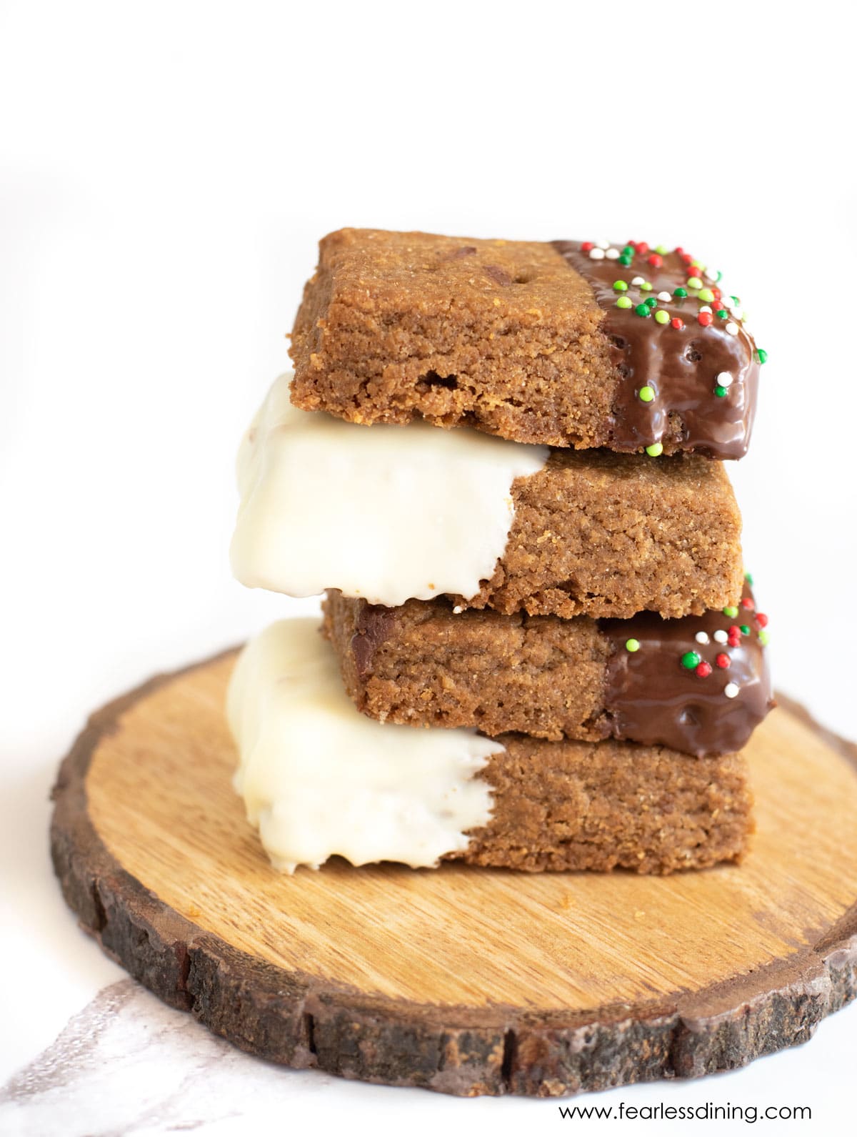 A stack of gluten free gingerbread shortbread cookies.