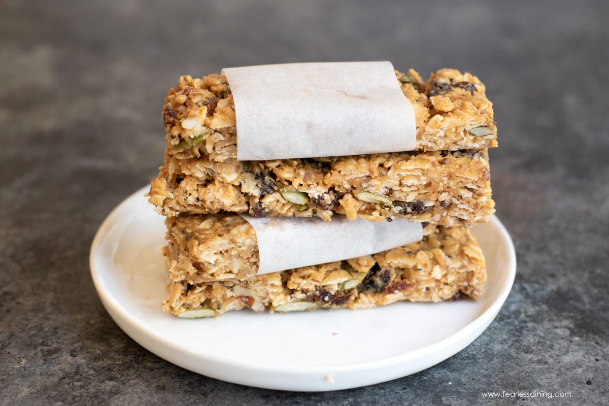 A stack of three gluten free granola bars.