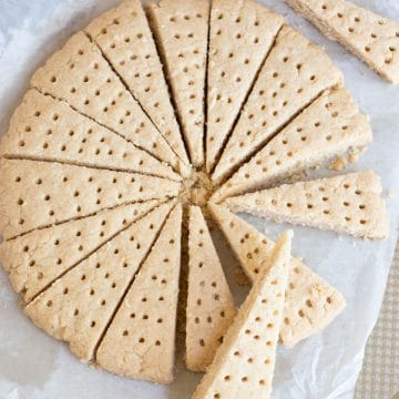 Baked shortbread wedges in a circle.