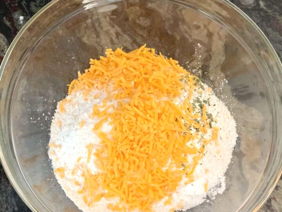 A photo with the shredded cheese added to the dry ingredients.